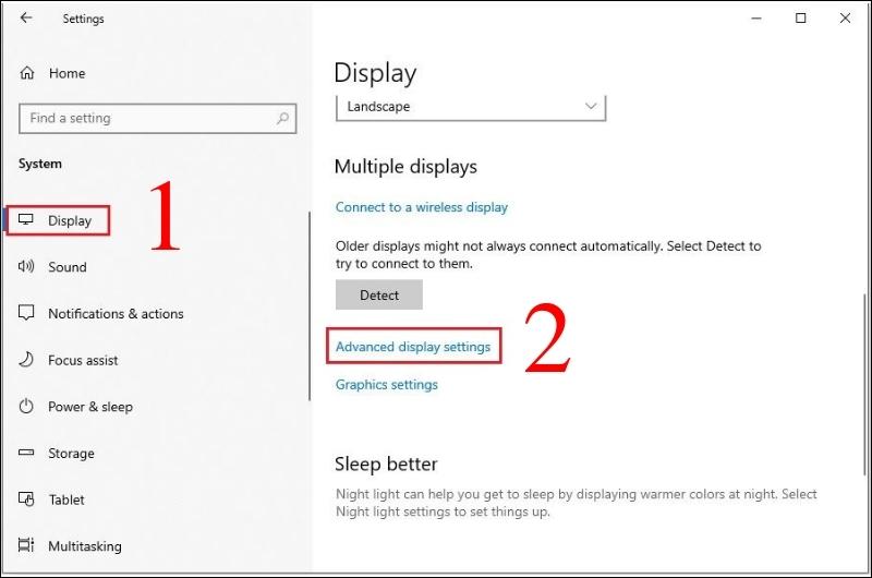 Chọn mục Display, tìm và nhấn vào Advanced display settings